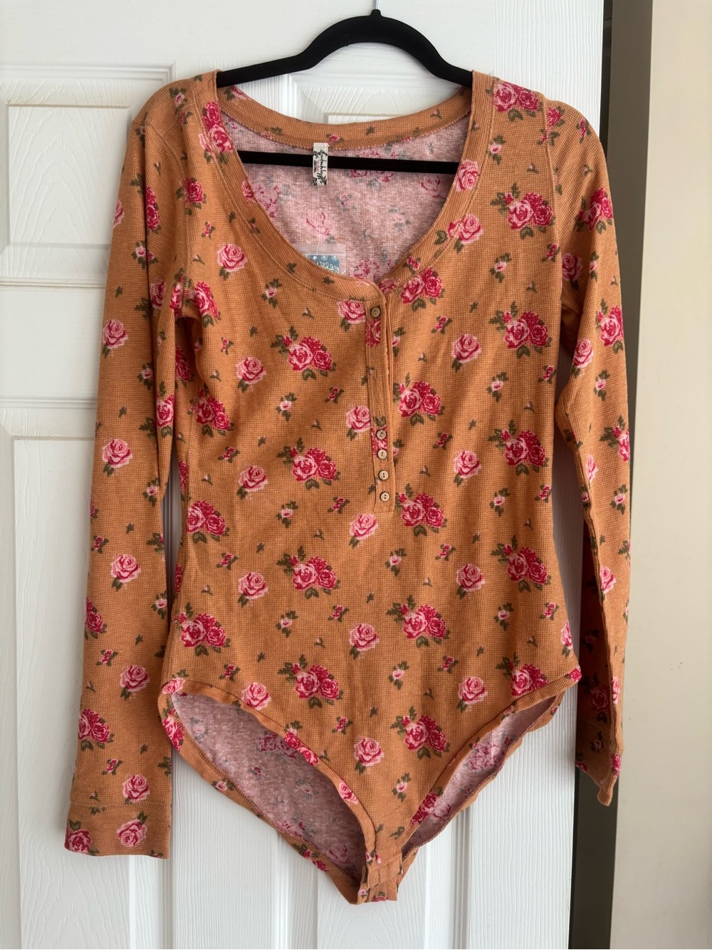Free People Tan Floral Henley Bodysuit with Pink Rose Print